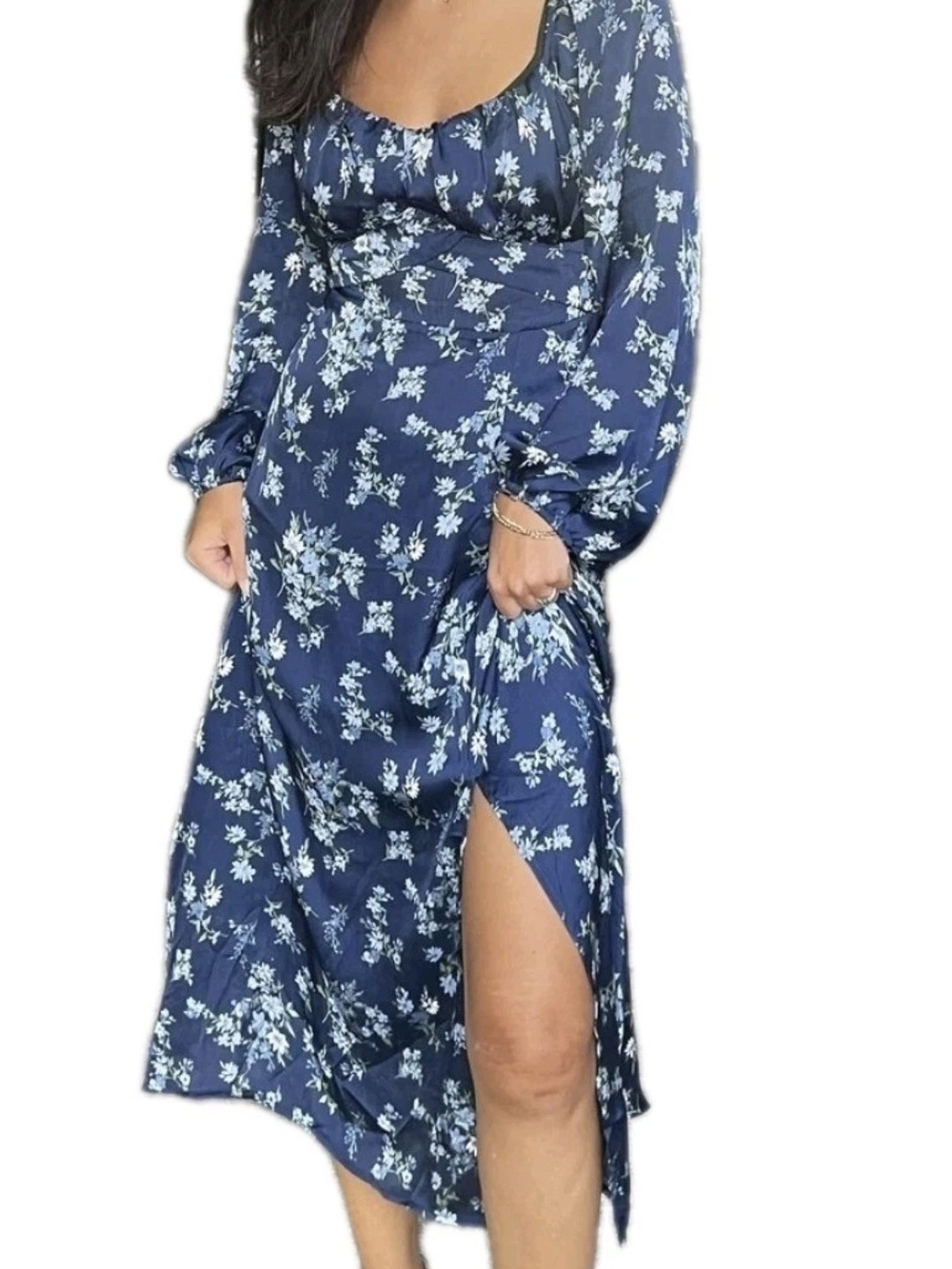Lush Women’s Navy Blue Floral Midi Dress Long Sleeve Cottagecore Small